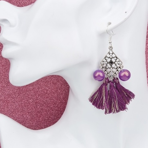 New Cute Purple Boho Bead Sexy Tassel Earrings - Picture 3 of 5
